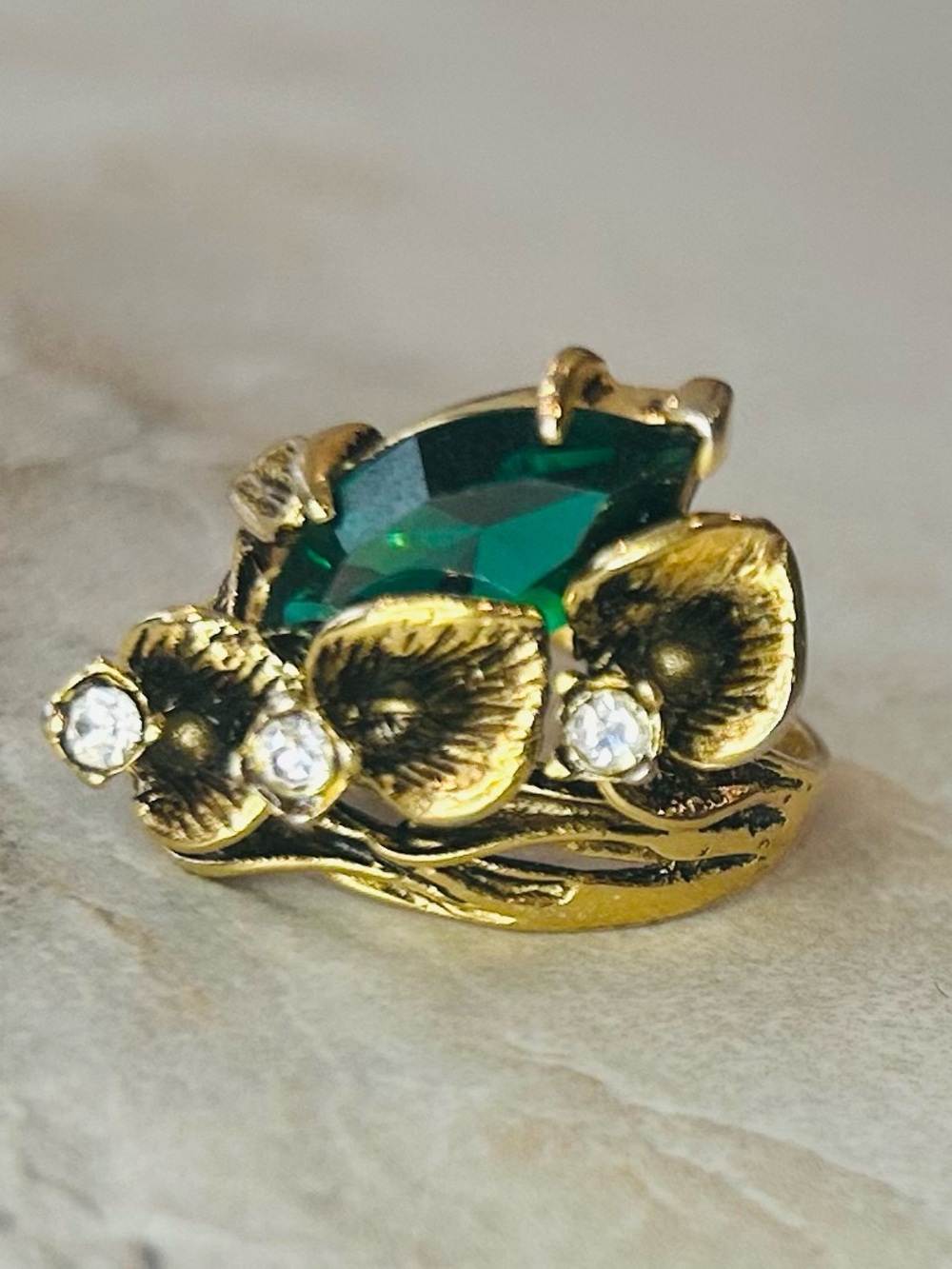 Vintage Gold Toned Floral Statement Cocktail Ring with Dark Green Stone